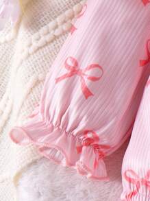 SHEIN Bodys de manga larga con estampado de lazos y cubrepies para bebé niña - Rosa - Ver 6