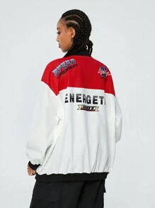 Coolane Veste bomber tendance pour femmes avec graphique lettrage et bord rayé à épaules tombantes
