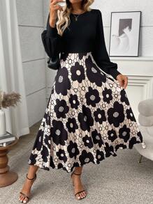 SHEIN Clasi Black Floral Print Patchwork Elegant Dress, For Autumn
