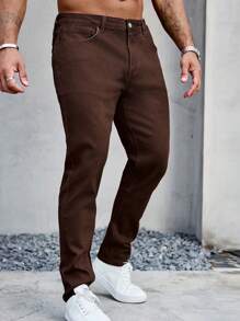 Manfinity Homme Men's Front Button Pocket Casual Simple Design Jeans, Daily Wear - Coffee Brown - View 3