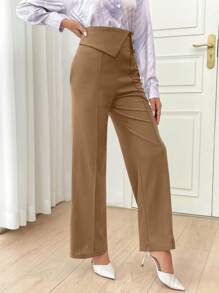 Modelyn Women Elegant Loose Flare Leg High Waist Front Crease Detail Work Pants - Camel - View 3