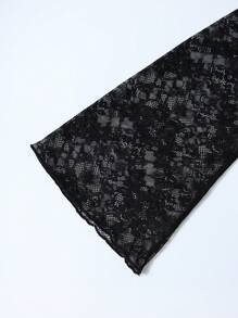 SHEIN EZwear Plus Size Women Sheer Lace Flare Sleeve Self-Tie Front Top - Black - View 4