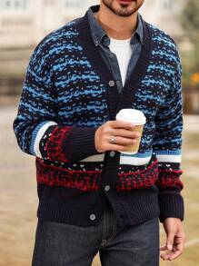 Manfinity Homme Men Casual Contrast Stripe Pattern Drop Shoulder Loose Button Up Cardigan - Multicolor - View 4