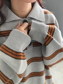 FRIFUL 女士休闲宽松落肩拼色条纹毛衣，秋冬，秋季女装 - 灰色 - 查看 6