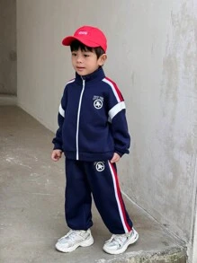 2 Pieces Young Boys Young Boys Casual Academy Comfortable, Stylish, Simple And Practical Japanese And Korean Relaxed Joker Soft And Comfortable With Pattern And Ribbon Decoration Grab Comfortable And Thick Stand Collar Jacket Hoodie And Trousers Suit Suitable For Suburban Play Kids Outfits School Back To School Young Boys SetYoung Boys Outfits Daily Fit For School Fit For Travel Fit For Sports Fit For Fall And Winter