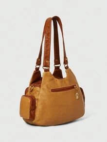 ROMWE Grunge Punk 时尚撞色 PU 皮革单肩包，适合通勤和时尚场合 - 米色 - 查看 2