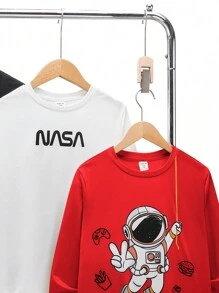 SHEIN Leap Crew 3pcs/Set Teen Boys' Casual Printed Pattern Crew Neck Long Sleeve Knit T-Shirt, 3 Designs One Set, Suitable For Daily, Leisure, Travel, Sports, Spring/Summer/Autumn/Winter - Red - View 7