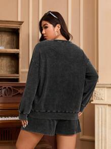 CovetEZ 大码复古水洗黑色卫衣短裤休闲两件套，秋季 - 黑色 - 查看 2