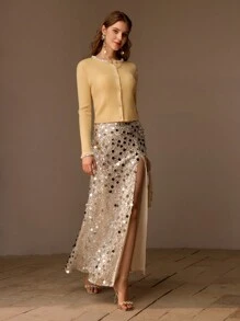 MOTF PREMIUM CONTRAST FAUX PEARL AND SEQUIN TRIM RHINESTONE BUTTON PLACKET RIBBED KNIT CARDIGAN - Yellow - View 4