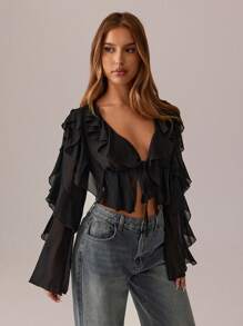 SHEIN SXY 黑色上衣；秋季女装；短款上衣；节日服装派对聚会黑色网眼透视荷叶吊带深 V 领女士性感长袖衬衫