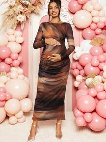 Loomaby Gender Reveal Long Sleeve Dress Pregnant Women Elegant Ruched Mesh Bodycon Long Sleeve Dress, For Maternity Dress - Multicolor - View 4