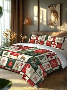 2/3 pièces Ensemble de literie de Noël, couette en microfibre douce à imprimé numérique avec motifs du père Noël, traîneau, bonhomme de neige, cloches, rennes, pins et sapin de Noël. Convient pour la chambre, la chambre d'amis, la salle de jeux, l'hôtel, le dortoir
