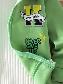 2 件套年轻男孩连帽毛绒羊毛拉链夹克和运动裤运动套装，适合度假和户外休闲装，秋冬季 - 綠色 - 查看 5