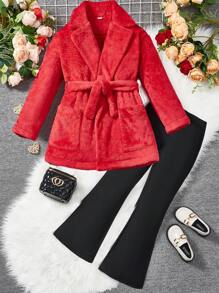 SHEIN Tween Girl Christmas Casual Versatile Mid-Length Warm Flannel Long Sleeve Coat With Belt & Flare Pants, Suitable For Autumn/Winter, Suitable For School, Vacation, For Gift
