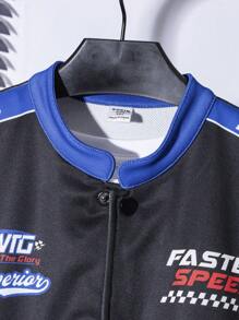 2 件套 Tween Boy 拼色图案夹克和松紧腰裤套装，适合秋季、春季和冬季，适合户外玩耍、学校、街头摄影、派对和休闲穿着，性价比高 - 彩色 - 查看 4