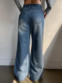 DAZY 女式腰部设计喇叭牛仔裤 - 中等水洗藍 - 查看 4