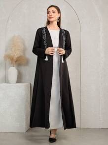 Al Najma Fringe Detail Bud Stem Embroidered Elegant Long Sleeve Jacket, Modest Elegant Open Abayas, For Casual Daily/Party - Black - View 4