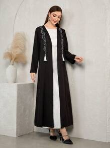 Al Najma Fringe Detail Bud Stem Embroidered Elegant Long Sleeve Jacket, Modest Elegant Open Abayas, For Casual Daily/Party - Black - View 6