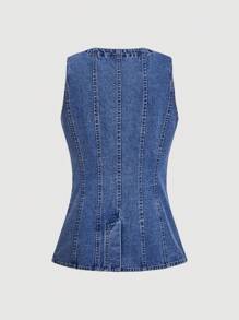 SHEIN MOD 女士休闲蝴蝶刺绣毛边单排扣牛仔背心夹克 - 藍色 - 查看 2