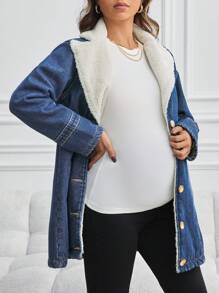 SHEIN Maternity Denim Jacket With Lining, Casual Long Sleeve Fitted Blue