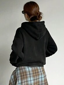 DAZY Women's Patterned Oversized Print Loose Fleece Hoodie Sweatshirt,Winter - Black - View 2