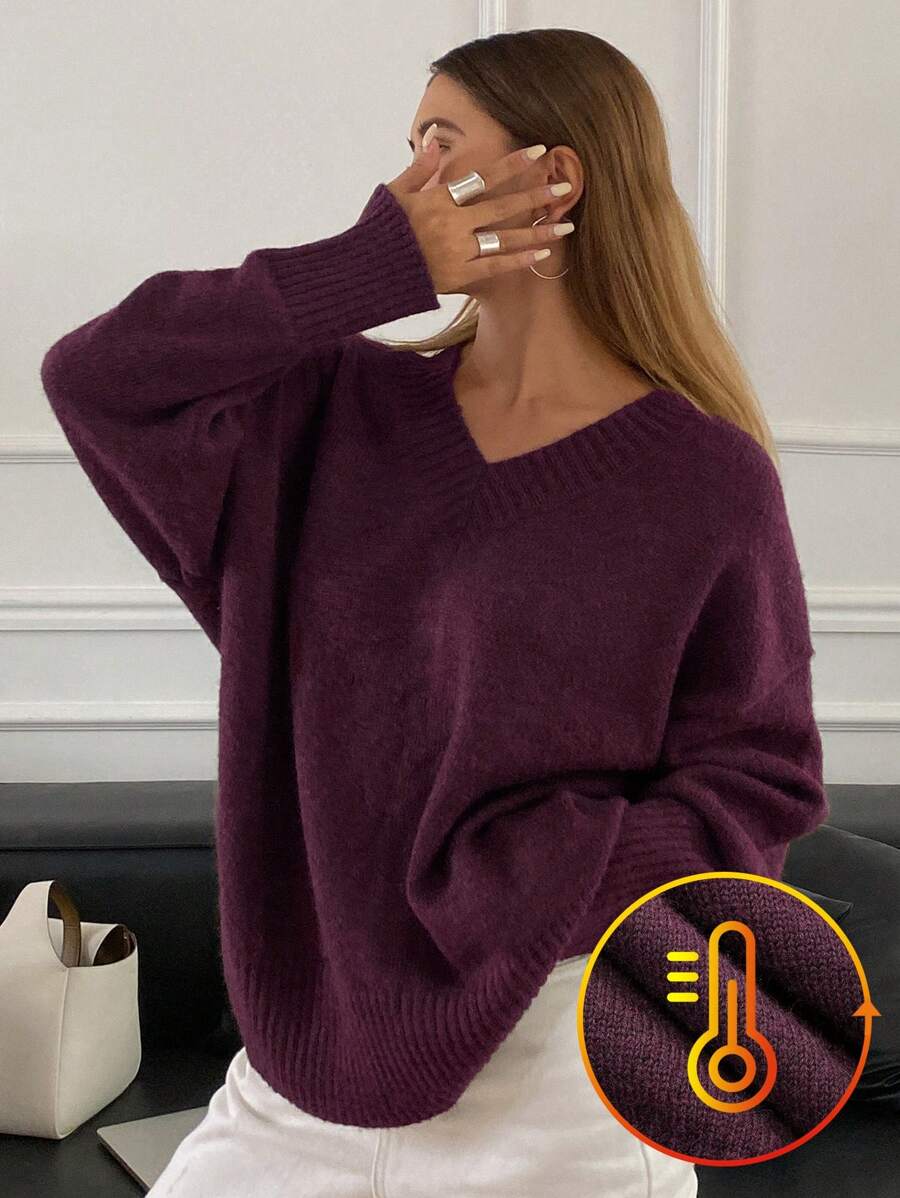 DAZY Women's Solid Color V-Neck Long Sleeve Casual Loose Knit Sweater,Fall Clothes - Red Violet - View 1