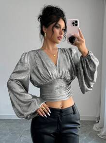 Chiquease Blouse élégante à manches longues, col en V, froncée, croisée et de couleur unie