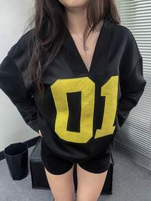 INAWLY 大码秋季休闲宽松 T 恤，刺绣数字，落肩 - 黑色 - 查看 4