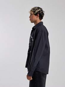 Musero Oversized Long Sleeve Button Through Collared Graphic Stars Print Shirt Autumn Winter Essentials Streetstyle - Black - View 2