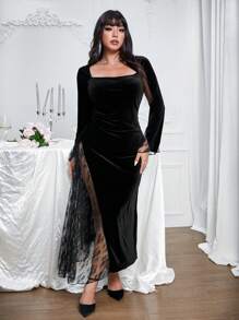 Allurite 大码复古方领天鹅绒派对/舞会礼服，喇叭袖性感高开叉蕾丝拼布修身优雅连衣裙，适合秋冬季、新年、情人节长款女装 - 黑色 - 查看 6