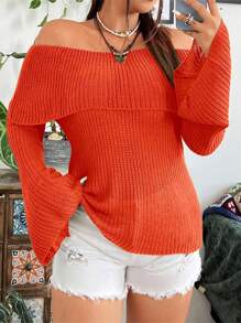 SHEIN Unity Plus Size Women Solid Color Off Shoulder Flare Sleeve Loose Pullover Sweater, Autumn/Winter Knit Pullover Fall - Burnt Orange - View 5