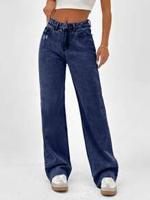 Cottnline Jean azul claro de corte recto y tiro alto 100% algodón con efecto desgastado de mujer - Azul lavado oscuro - Ver 3
