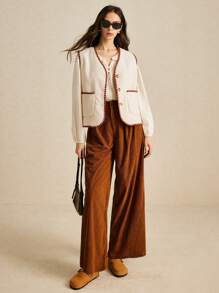 SHEIN Frenchy Plus Size Plain Color Straight Leg Corduroy Pants, Casual French Style - Rust Brown - View 5