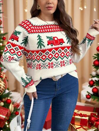 SHEIN Privé Plusstorlek Dam Bekväm Varm Hjort- & Snöflingehjärttryck Långärmad Lös Passform Pullover, Lämplig För Jul Och Nyår Höst Vinterkläder För Damer