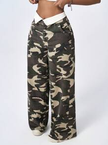 SHEIN ICON Jeans sueltos y holgados de estilo casual con cintura plegable y estampado de camuflaje, estilo versátil, para mujer - Jeanoix