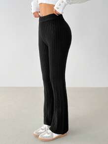 SHEIN PETITE Solid Color Simple Low-Waist Jacquard Flare Pants, Casual Daily Wear - Black - View 6