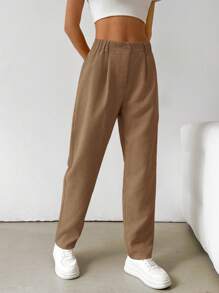 SHEIN EZwear Quần bút chì nhung kẻ đơn sắc cài nút phía trước đơn giản, giản dị dành cho nữ - màu nâu - Xem 4