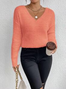 Chiquease Women's Solid Color V-Neck Long Sleeve Simple Casual Pullover Sweater Knit Pullover Fall Winter - Coral Orange - View 6
