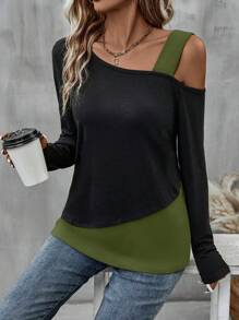 SHEIN LUNE 1 件女式不对称露肩长袖上衣，休闲日常穿着图案 T 恤女式春季上衣