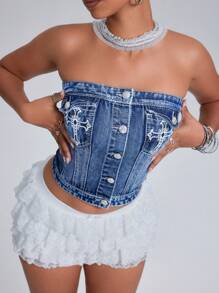 SHEIN ICON Cross Embroidered Front Button Fitted Cropped Denim Camisole