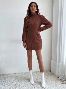 SHEIN Frenchy Solid Color Turtleneck Ribbed Knit Casual All-Match Long Sleeve Sweater Dress - Redwood - View 4