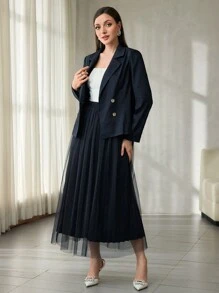 Modelyn Double-Breasted Jacket With Pleated Mesh Skirt Suit Set For Women 2 Pieces Set - Dark Grey - View 6