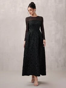Poshira 1 Stück Damen elegantes Jacquardkleid mit raffender Taille, Mesh-Applikation und A-Linie Silhouette, Langarm, halbtragbar für Abschlussball, Hochzeitsgast, Abschlussfeier, Party - Schwarz - Übersicht 2