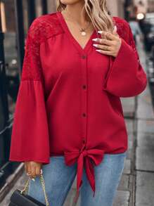 SHEIN LUNE Women's Solid Color Lace Trim Tie Cuff Elegant Design Slim Fit Blouse, Fashionable Versatile Wear For Fall, Suitable For Halloween, Christmas, New Year, Valentine's Day, Thanksgiving Party & Occasions, Plus Size - Red - View 4