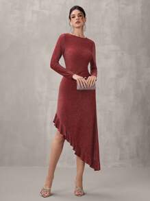 SHEIN Belle Women's Round Neck Long Sleeve Ruffle Sequin Patchwork Gown For Party/Banquet, Fashion Autumn And Winter Banquet Party Festival Princess Socialite Elegant Internet Celebrity Popular Dress, Daily Wear Elastic Gold Thread Fabric Dress, Formal Dinner Ball Dress, Christmas, New Year's Eve Can Be Worn For New Year, Wedding Guest Dress