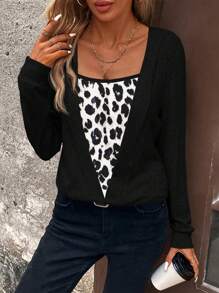 SHEIN LUNE Women Plain Color Splice Long Sleeve Minimalist Sweatshirt, Casual Daily Wear Leopard Print Top Graduation,Back To School Outfits,Graduation,Teacher Outfits For Women,Back To School - Multicolor - View 7