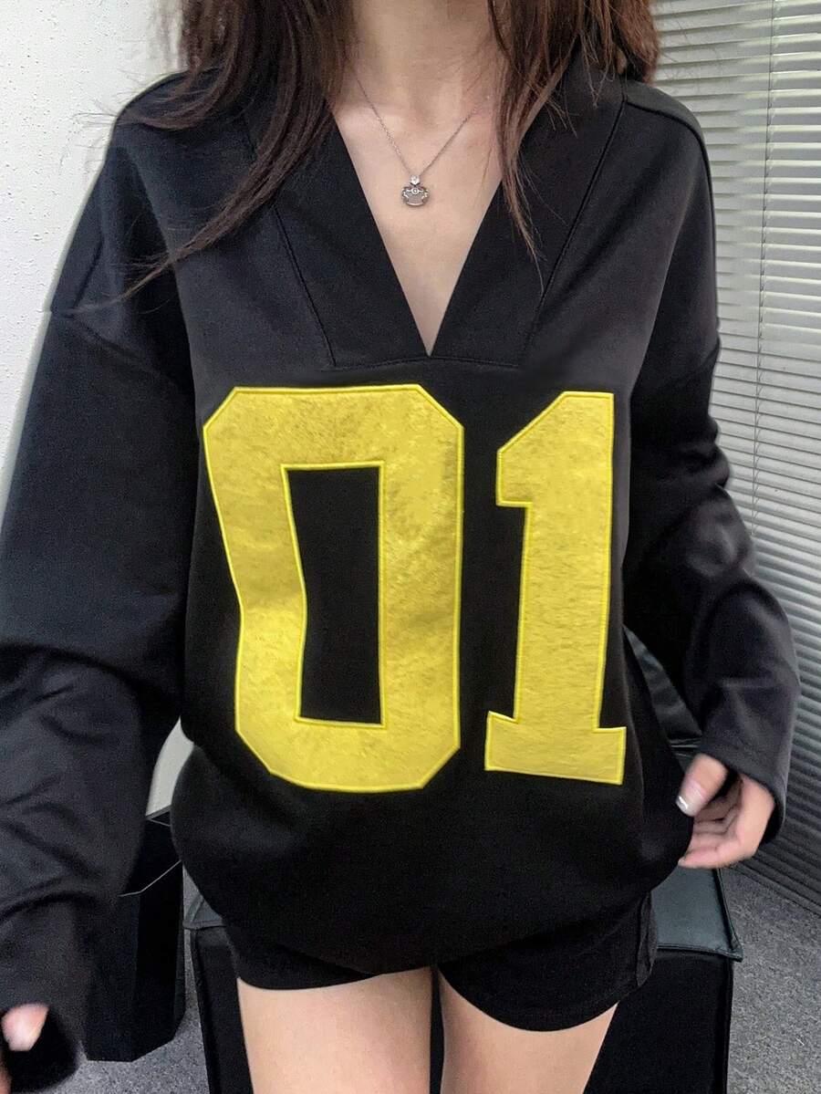 INAWLY 大码秋季休闲宽松 T 恤，刺绣数字，落肩 - 黑色 - 查看 1