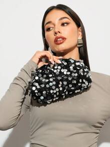 SHEIN BAE Sequin Patchwork Fashionable & Elegant Party Clutch Suitable For Women Daily And Party Use Valentines - Black - View 1