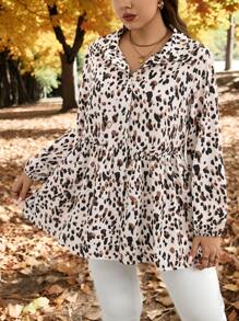 SHEIN LUNE Plus Size Women Polka Dot Pattern Lantern Sleeve Loose Waist Patchwork Design Casual Shirt, Autumn Thanksgiving Shirt Holiday Outfit - Multicolor - View 7