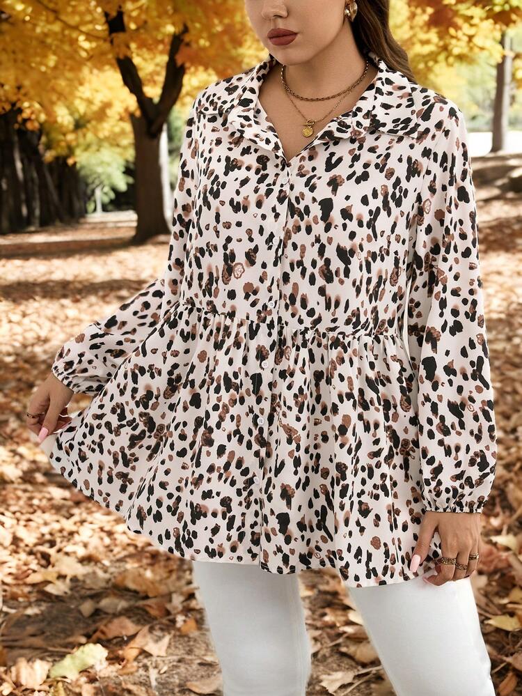 SHEIN LUNE Plus Size Women Polka Dot Pattern Lantern Sleeve Loose Waist Patchwork Design Casual Shirt, Autumn Thanksgiving Shirt Holiday Outfit - Multicolor - View 7